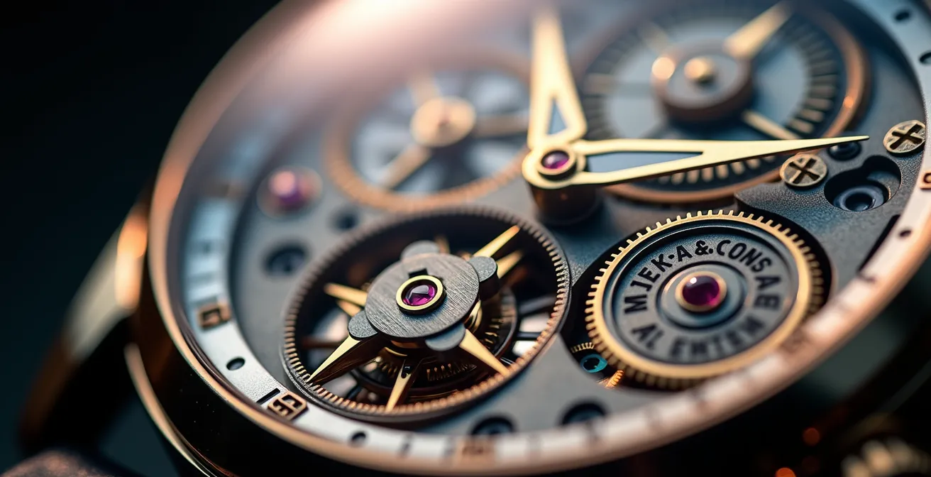Makroaufnahme einer Schweizer Luxusuhr zeigt feinste Details