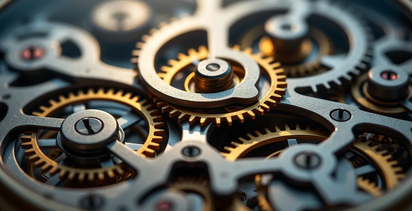 A/B-Testing Dashboard mit Conversion-Metriken und Optimierungsergebnissen, dargestellt durch ein abstraktes Uhrenwerk