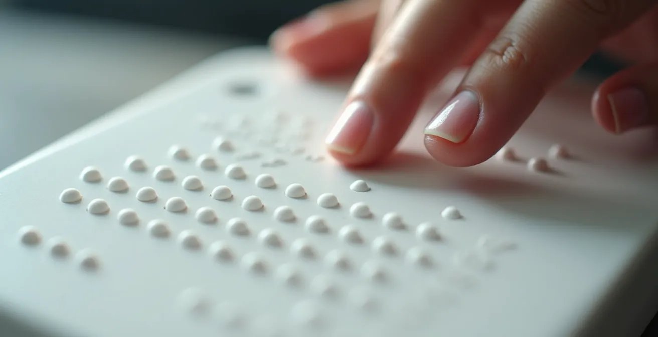 Nahaufnahme einer Hand mit Braille-Display neben einem Computer