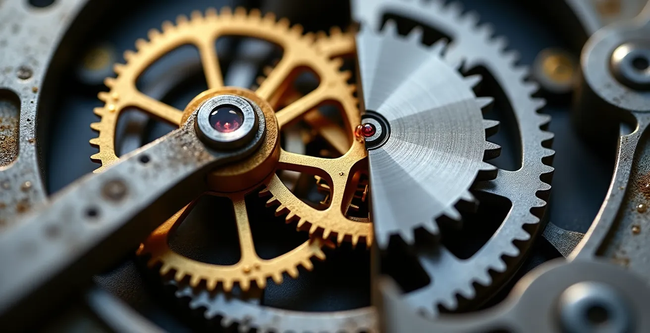 Makroaufnahme von Schweizer Uhrwerk-Zahnrädern, die den Übergang von schwer zu leicht als Metapher für Bildkompression darstellen.