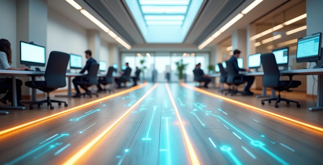 Visualisierung der Customer Journey mit mehreren Touchpoints und Attribution-Modellen in einem modernen Schweizer Bürosetting