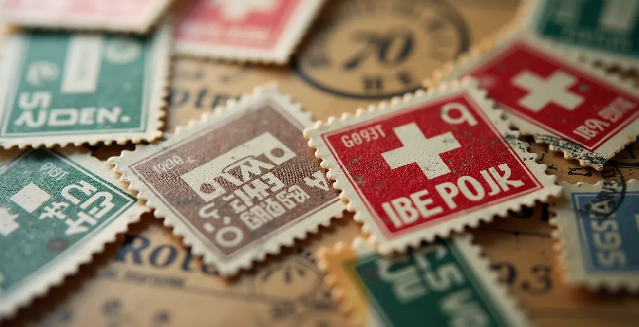 Makroaufnahme von Schweizer Poststempeln und Adressetiketten in verschiedenen Sprachen, die die Komplexität der Datenqualität symbolisieren.
