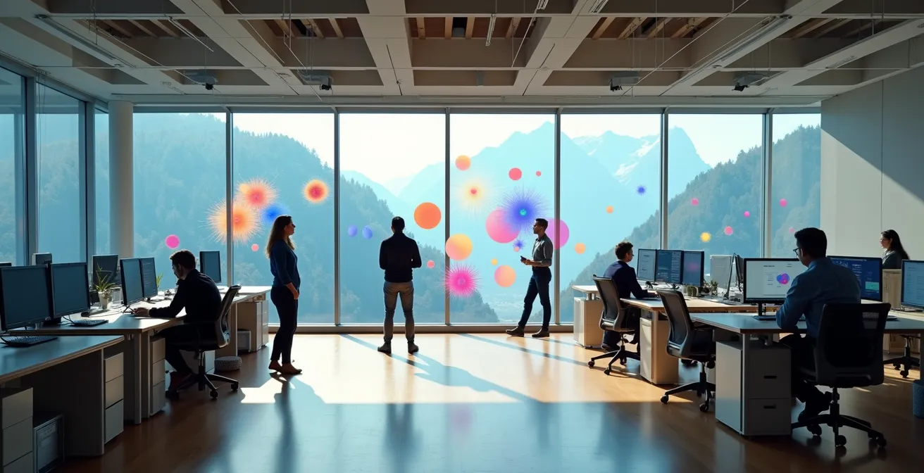 Mitarbeiter nutzen digitale Brand Center Plattform in modernem Schweizer Büro