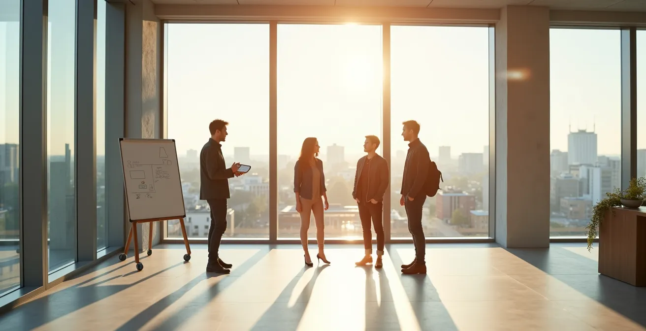 Effiziente Sprint-Meetings nach Schweizer Präzisionsmodell in einem minimalistischen Büro in Zürich