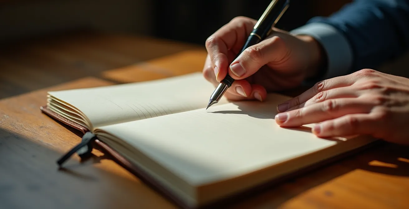 Nahaufnahme von Händen mit Notizbuch während eines vertraulichen Kundeninterviews