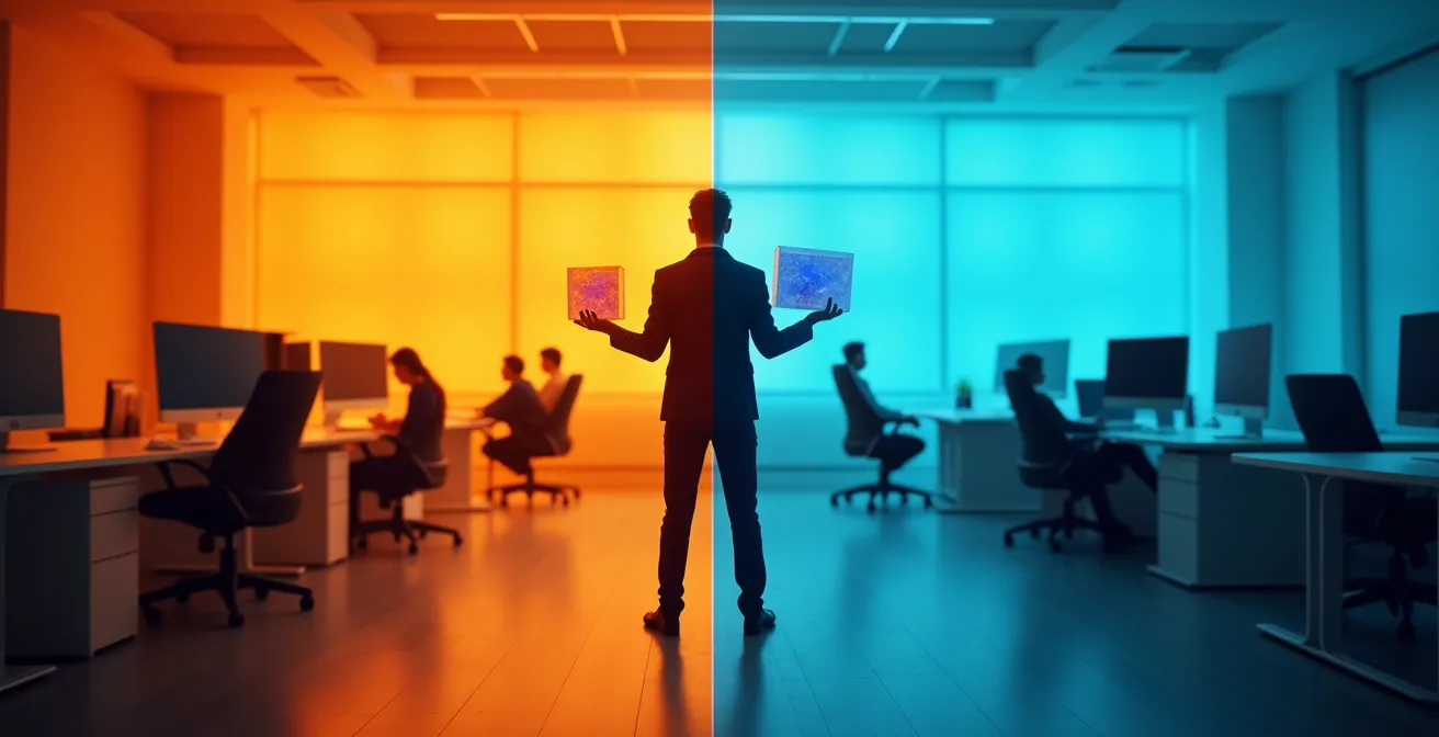 Gespaltene Markendarstellung zwischen verschiedenen digitalen Kanälen, die Verwirrung symbolisiert.