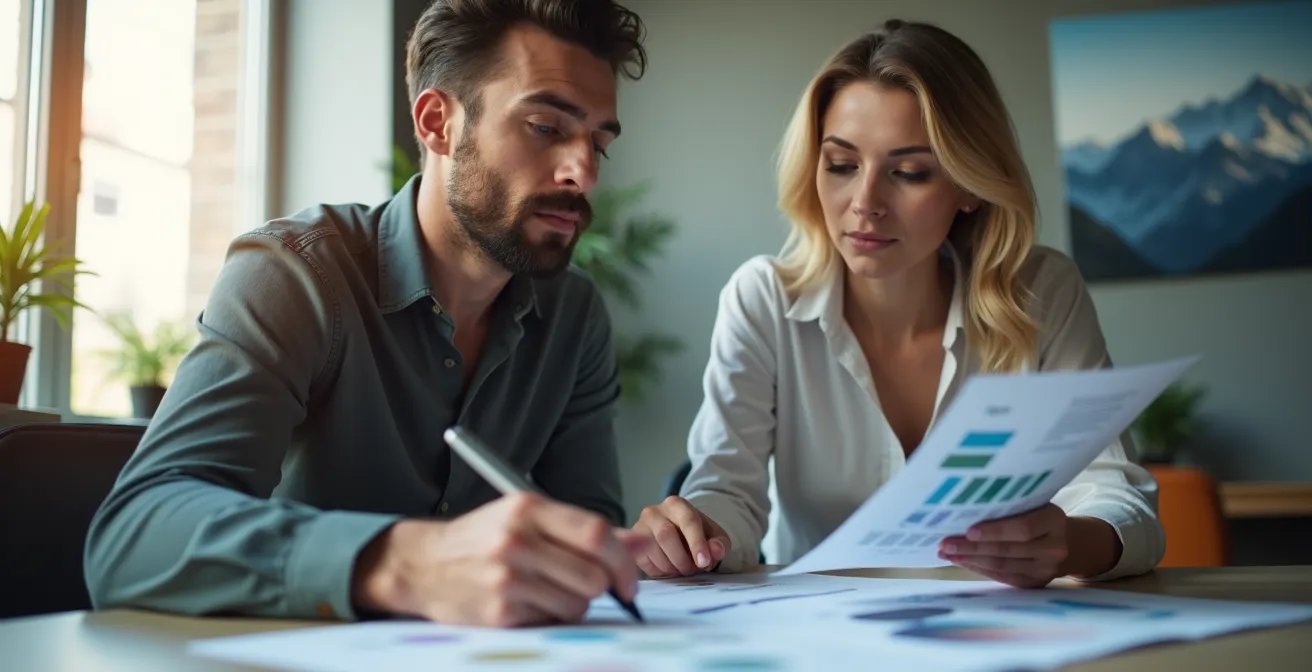 Eine Marketing-Expertin in einem Schweizer Büro vergleicht einen generischen mit einem authentischen, markenspezifischen Text.