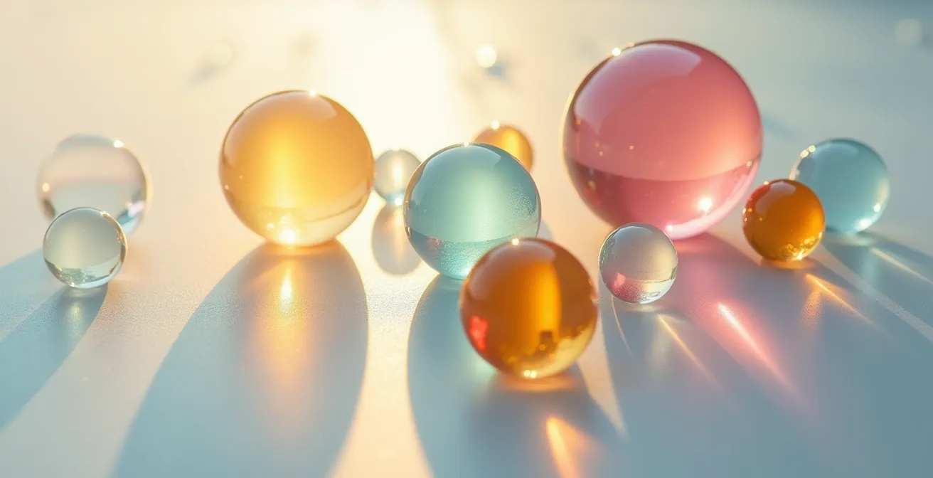 Abstrakte Visualisierung von Kundensegmenten als unterschiedlich grosse und farbige Glaskugeln, die Datenflüsse in einem CRM-System darstellen.