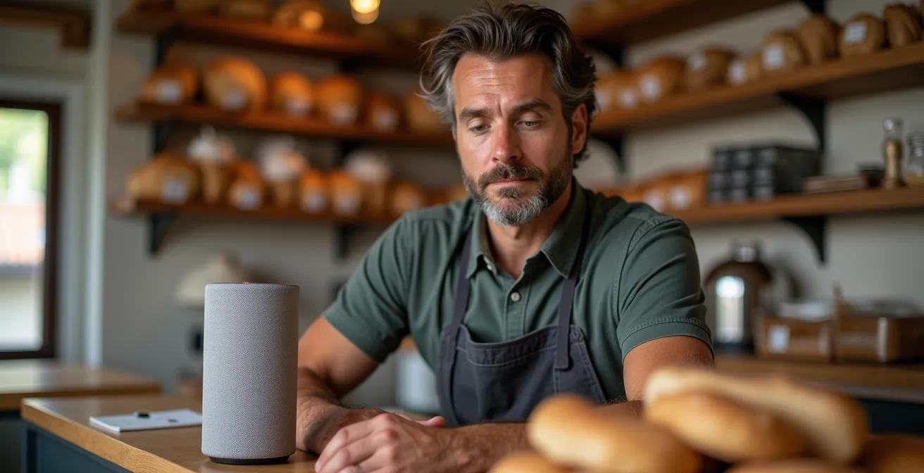 Ein Schweizer Geschäftsinhaber blickt auf einen Smart Speaker und denkt über die lokale Suche via Sprachassistent nach.