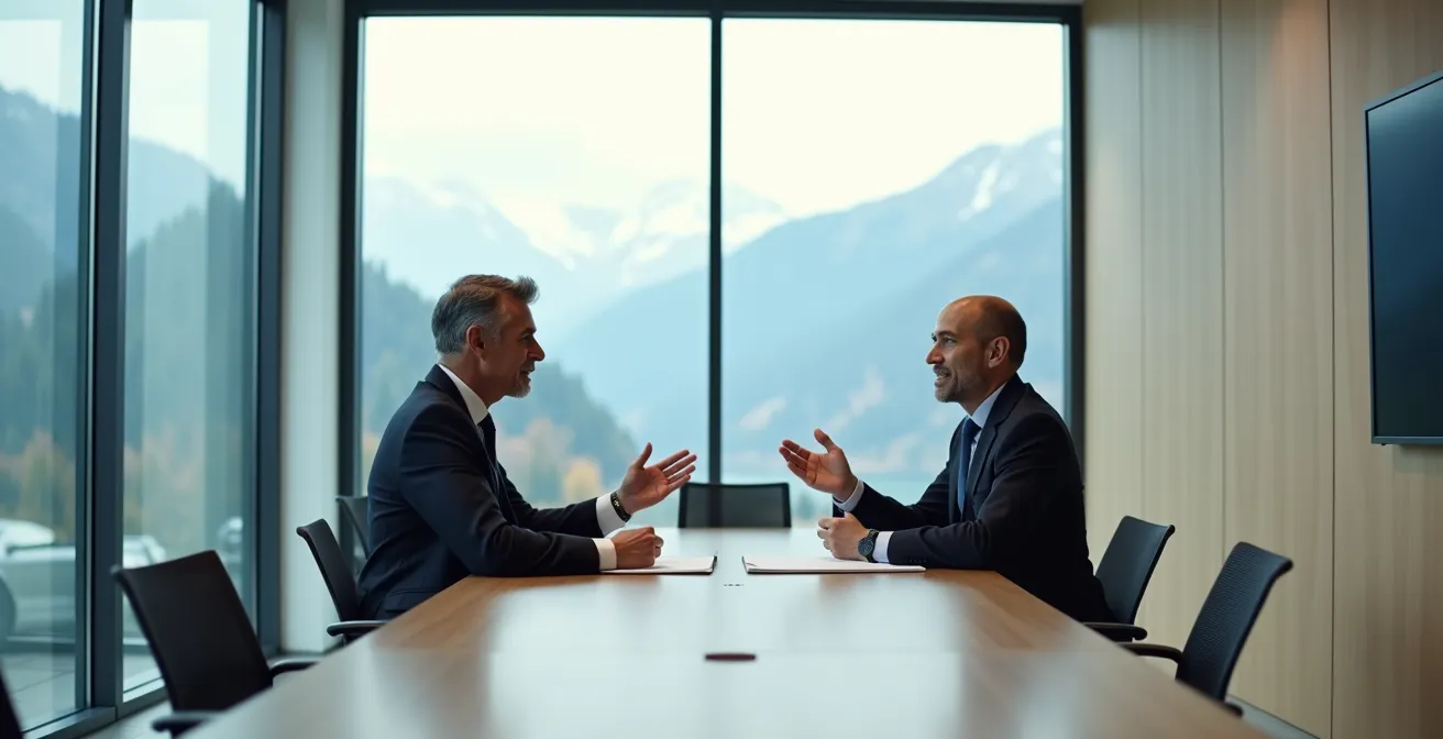 Geschäftsleute in respektvollem Dialog in Schweizer Konferenzraum