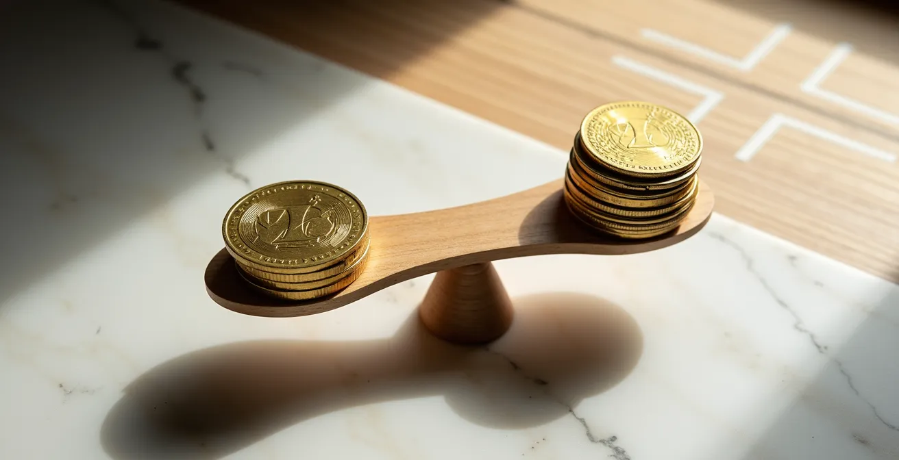 Eine Waage, die Schweizer Franken Münzen auf der einen und ein Qualitätssymbol auf der anderen Seite balanciert, als Metapher für die Kaufentscheidung.