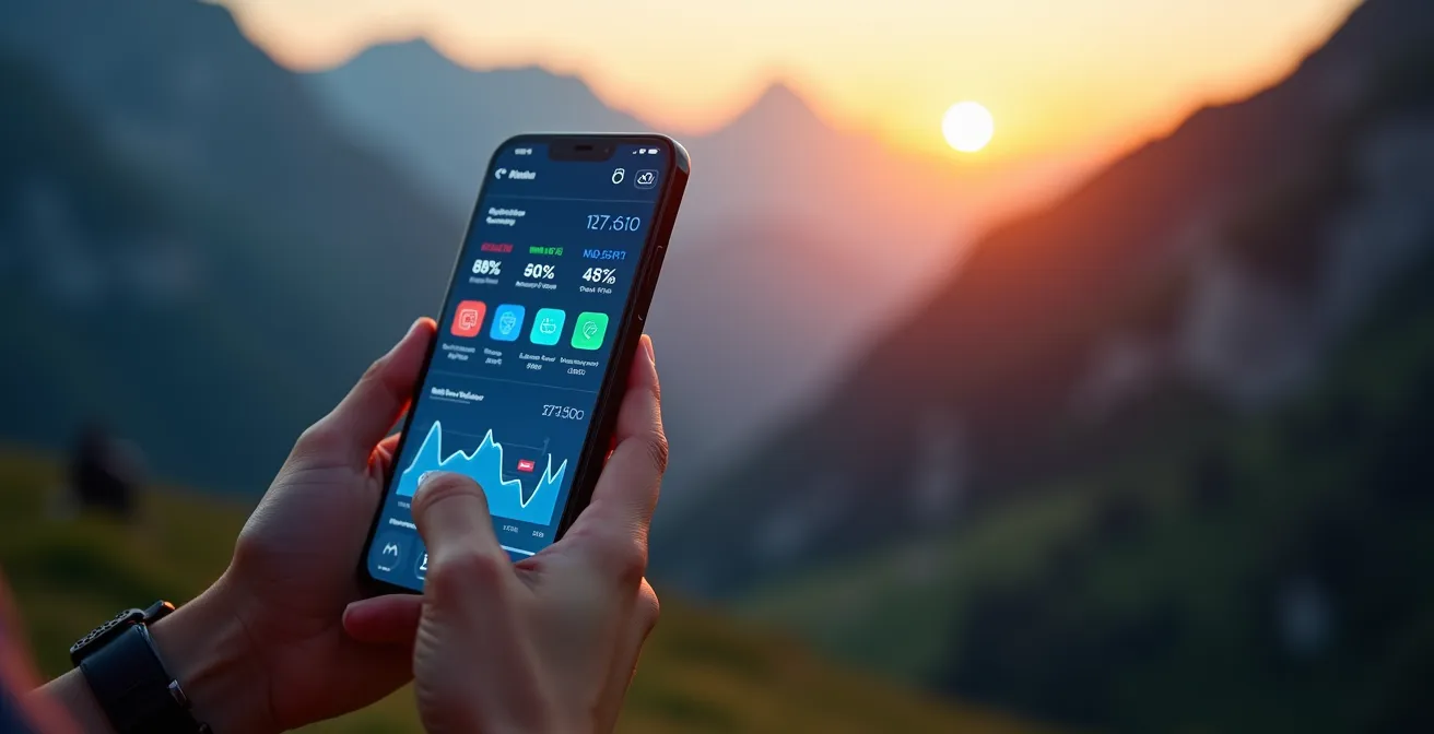 Smartphone mit Social Media Monitoring App in Schweizer Berglandschaft