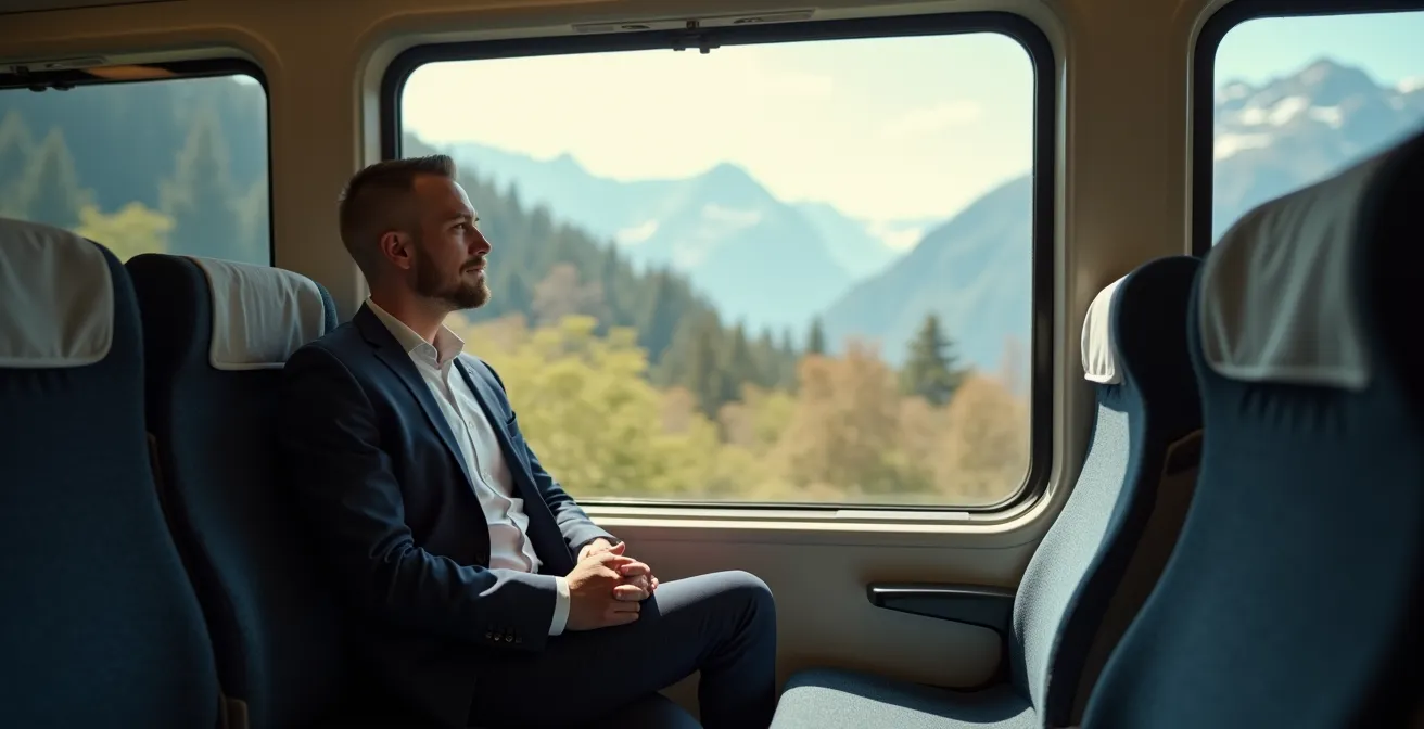 Geschäftsperson im Schweizer Zug während der Morgenpendlerzeit