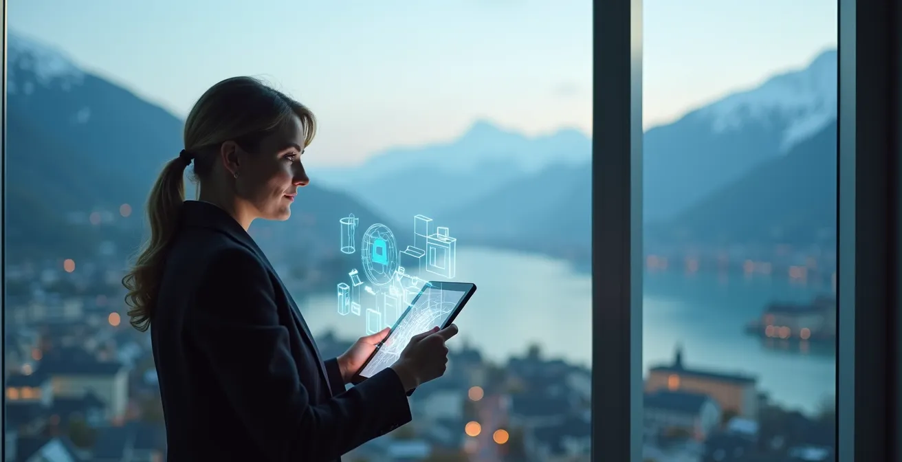 Panoramablick auf Schweizer Innovationslandschaft mit verschiedenen Wirtschaftsclustern