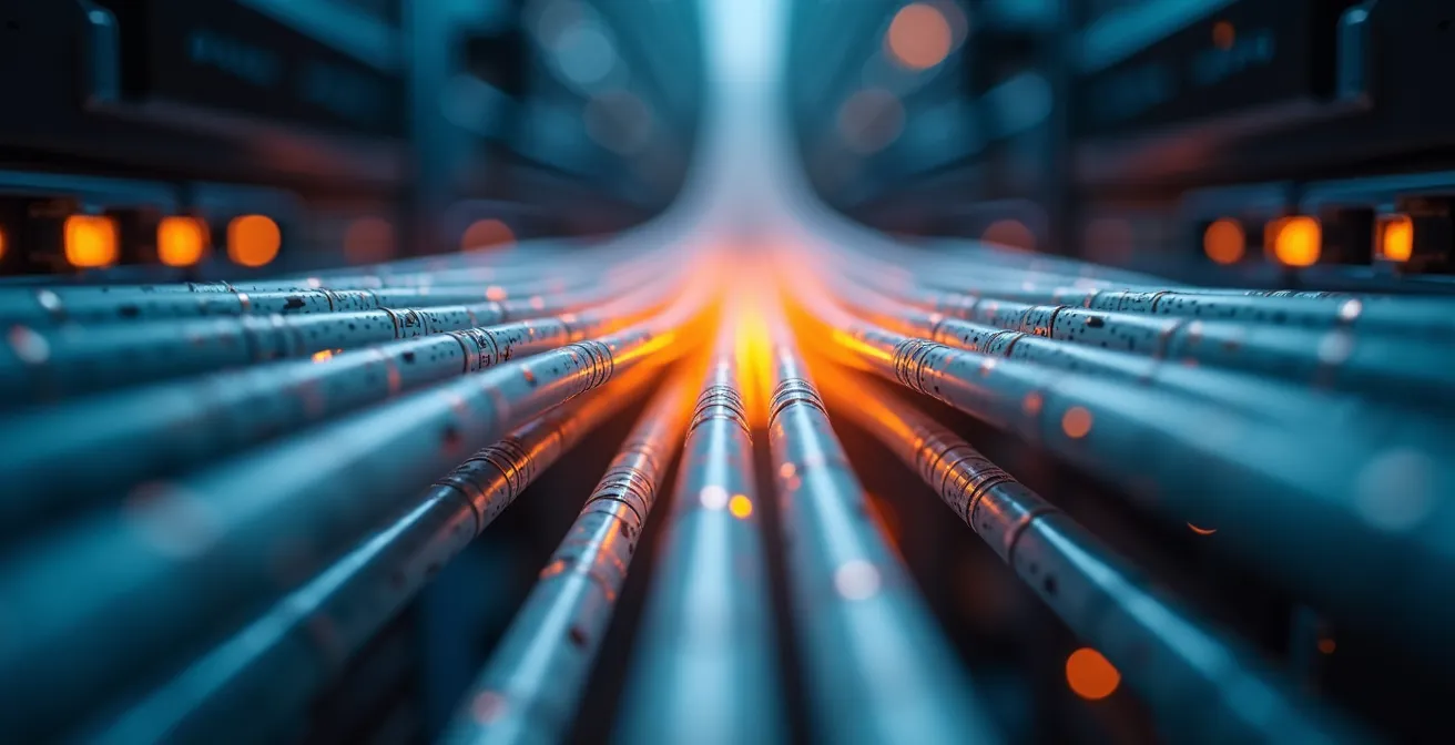 Makroaufnahme von vernetzten Datenpunkten, die zu einem zentralen Informationsknotenpunkt zusammenlaufen