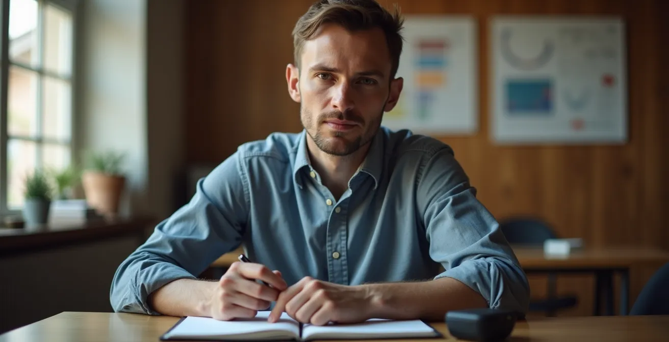 Qualitative Datenanalyse-Session in einem Schweizer KMU-Büro, bei der eine Person konzentriert Erkenntnisse aus einem Kundengespräch ableitet.