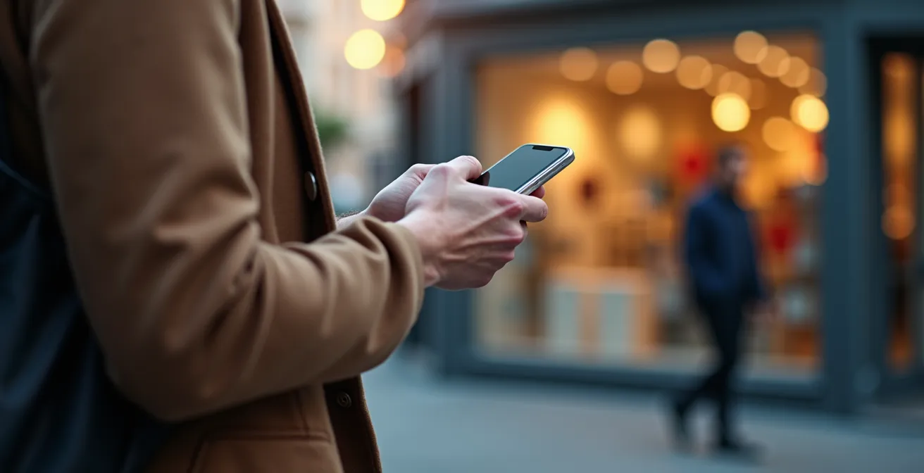 Smartphone-Nutzer in einer urbanen Schweizer Einkaufsstrasse mit visualisierten Geofencing-Zonen um Geschäfte herum.