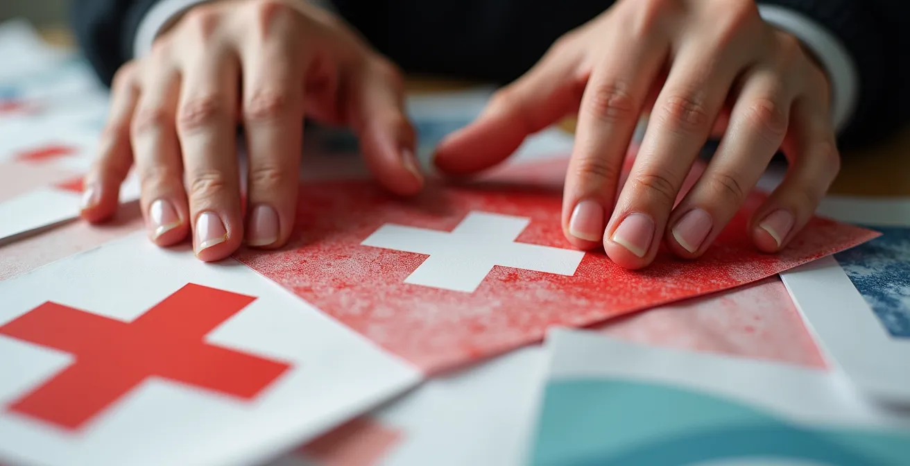 Nahaufnahme von Händen, die mit visuellen Symbolen und abstrakten Grafiken kommunizieren und die Idee der tonlosen Verständlichkeit repräsentieren.