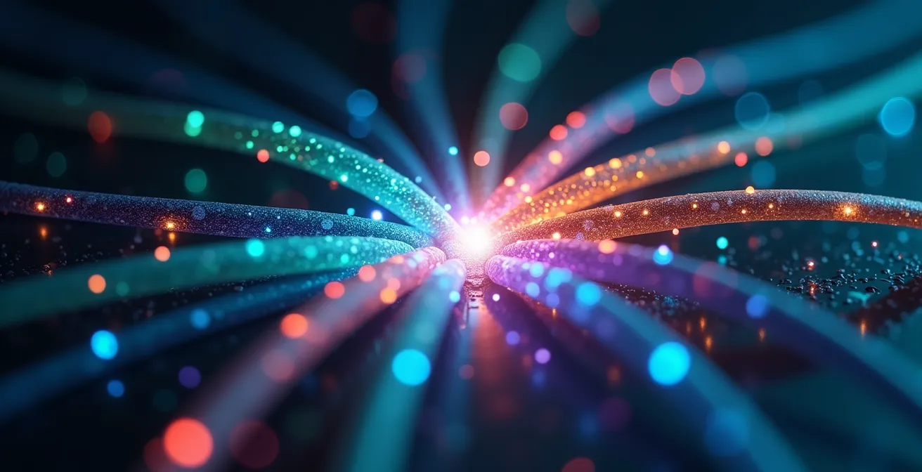 Vernetzte Kommunikationskanäle in harmonischer Synergie als leuchtende Datenströme.