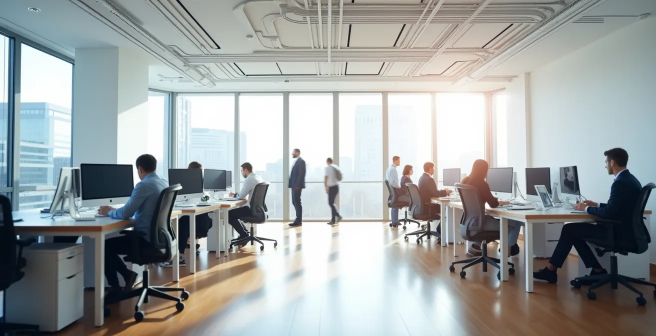 Weitwinkelaufnahme eines modernen Schweizer Büroraums mit vernetzten Arbeitsplätzen, die die Systemintegration symbolisieren.