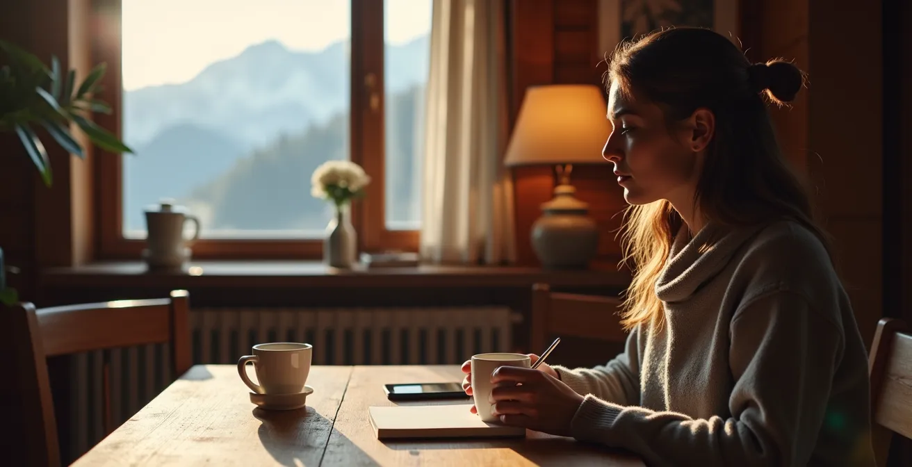Eine Person hält nachdenklich eine Kaffeetasse in einem gemütlichen Schweizer Interieur, was den Moment des Zögerns vor dem Kauf symbolisiert.